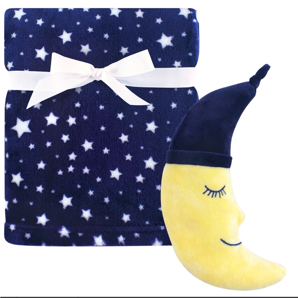 NWT Hudson Baby Baby Plush Blanket and Toy, 2-Piece Set, Navy Moon